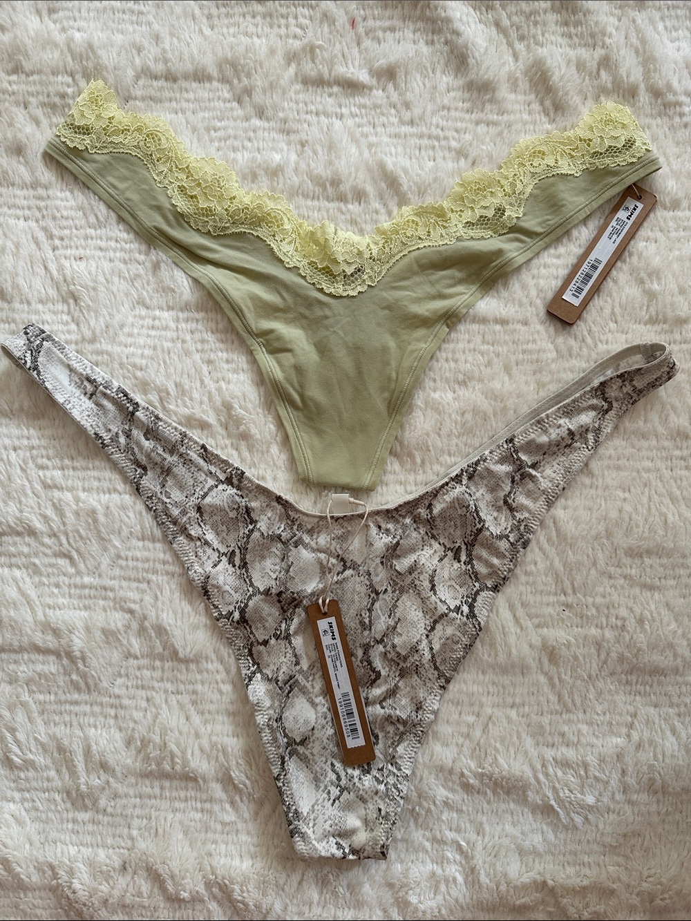 SKIMS Lace-Trim Thong Set - Sage Lace & Neutral Snake NWT